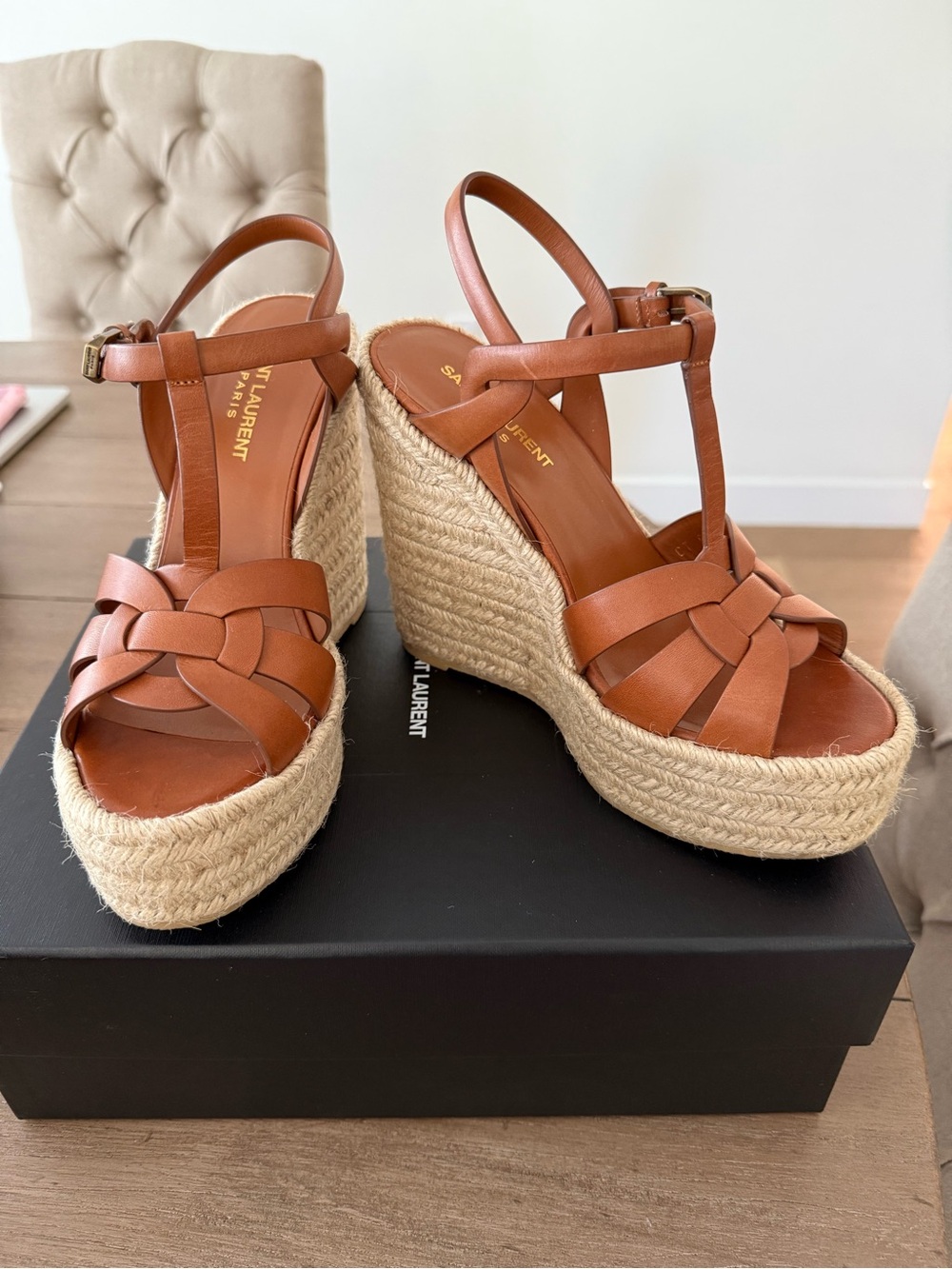 Saint Laurent Tan Leather Espadrille Wedge Sandals
